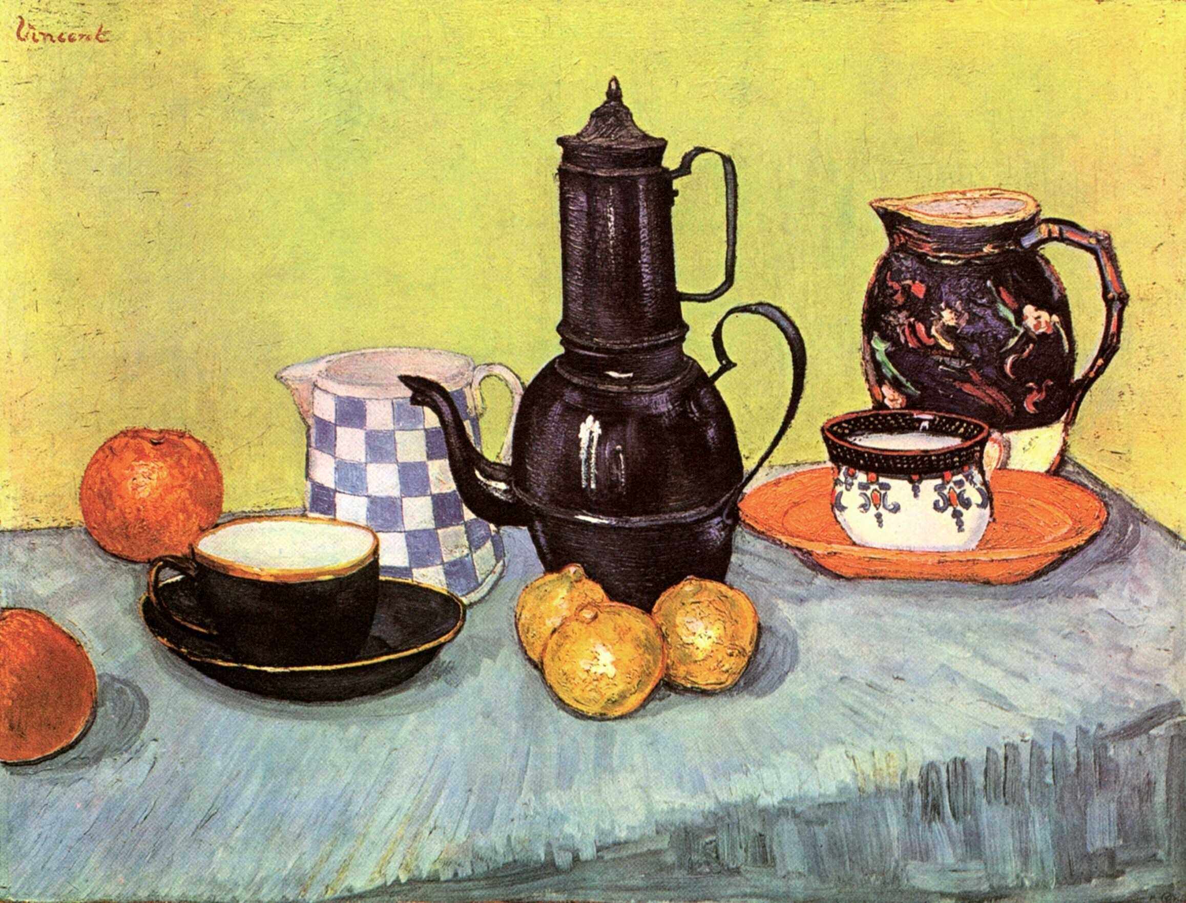 Still Life Blue Enamel Coffeepot, Earthenware and Fruit