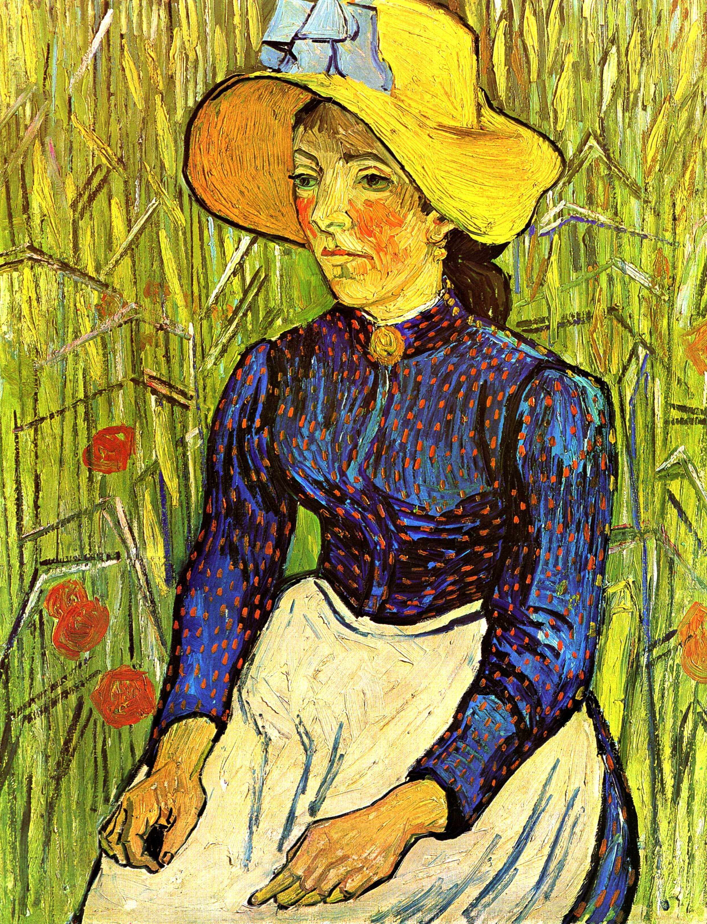 Young Peasant Woman with Straw Hat Sitting in the Wheat
