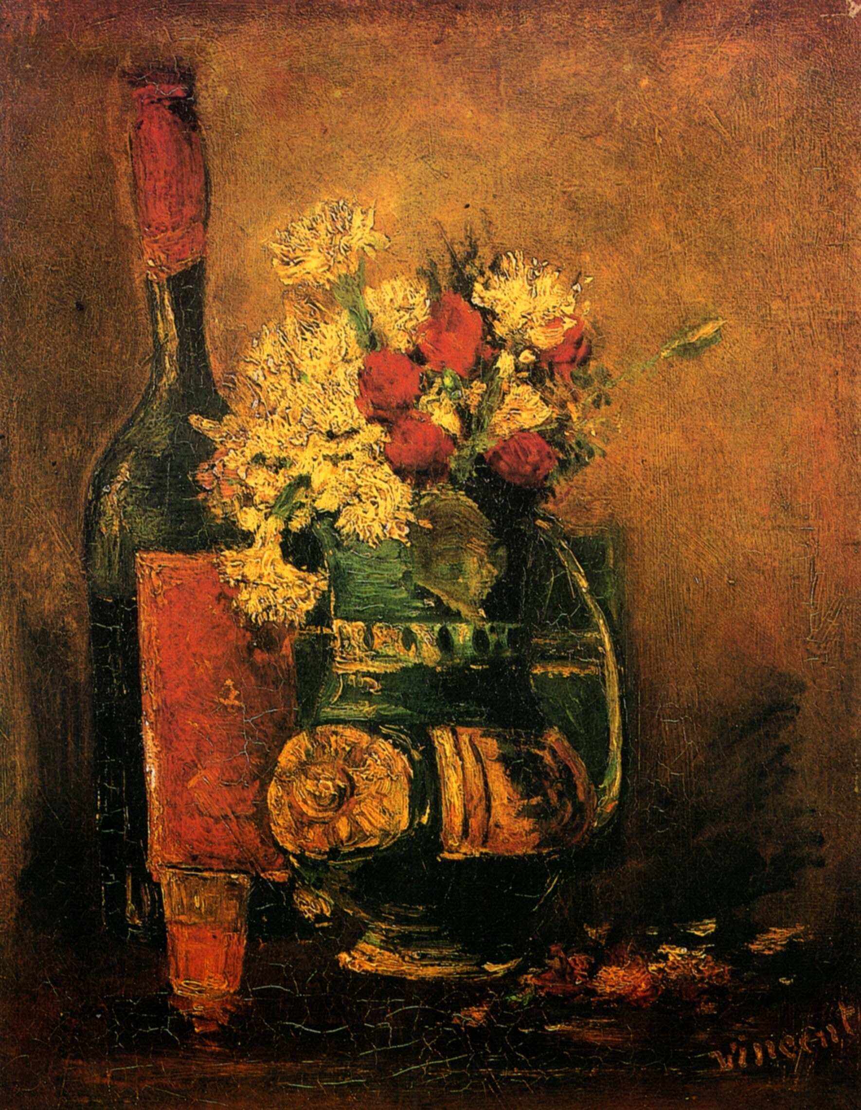 Vase with Carnations and Roses and a Bottle