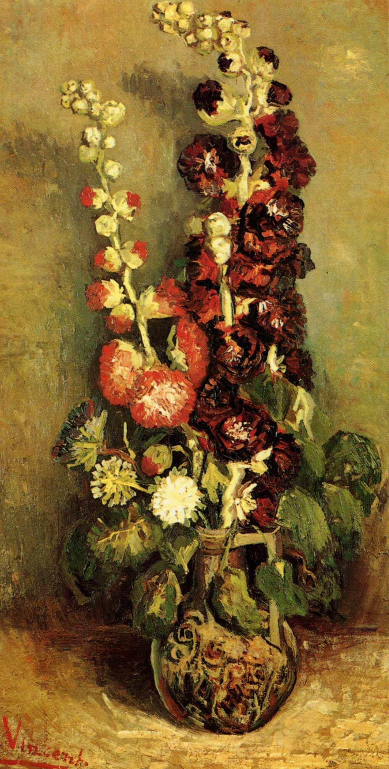 Vase with Hollyhocks