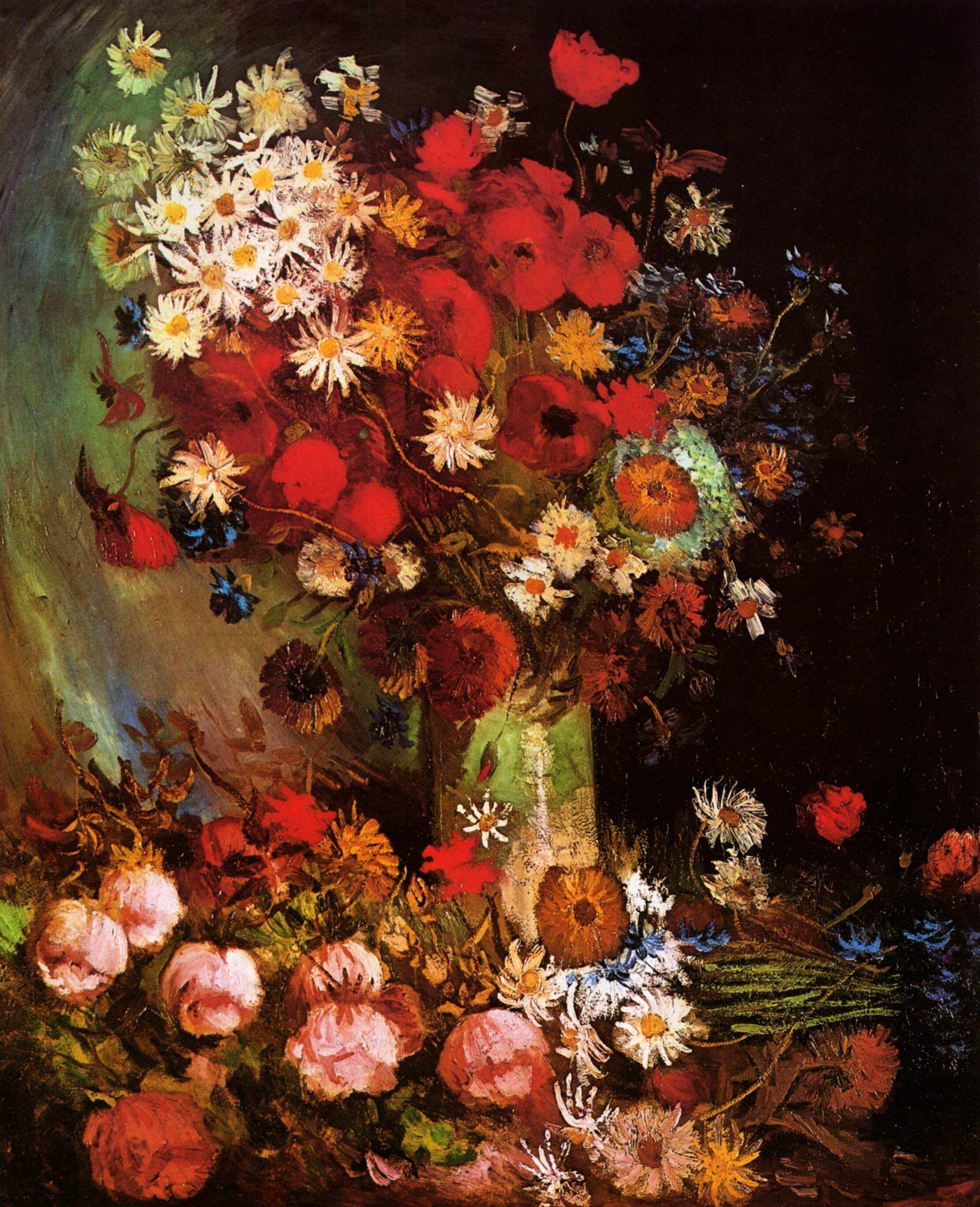 Vase with Poppies, Cornflowers, Peonies and Chrysanthemums