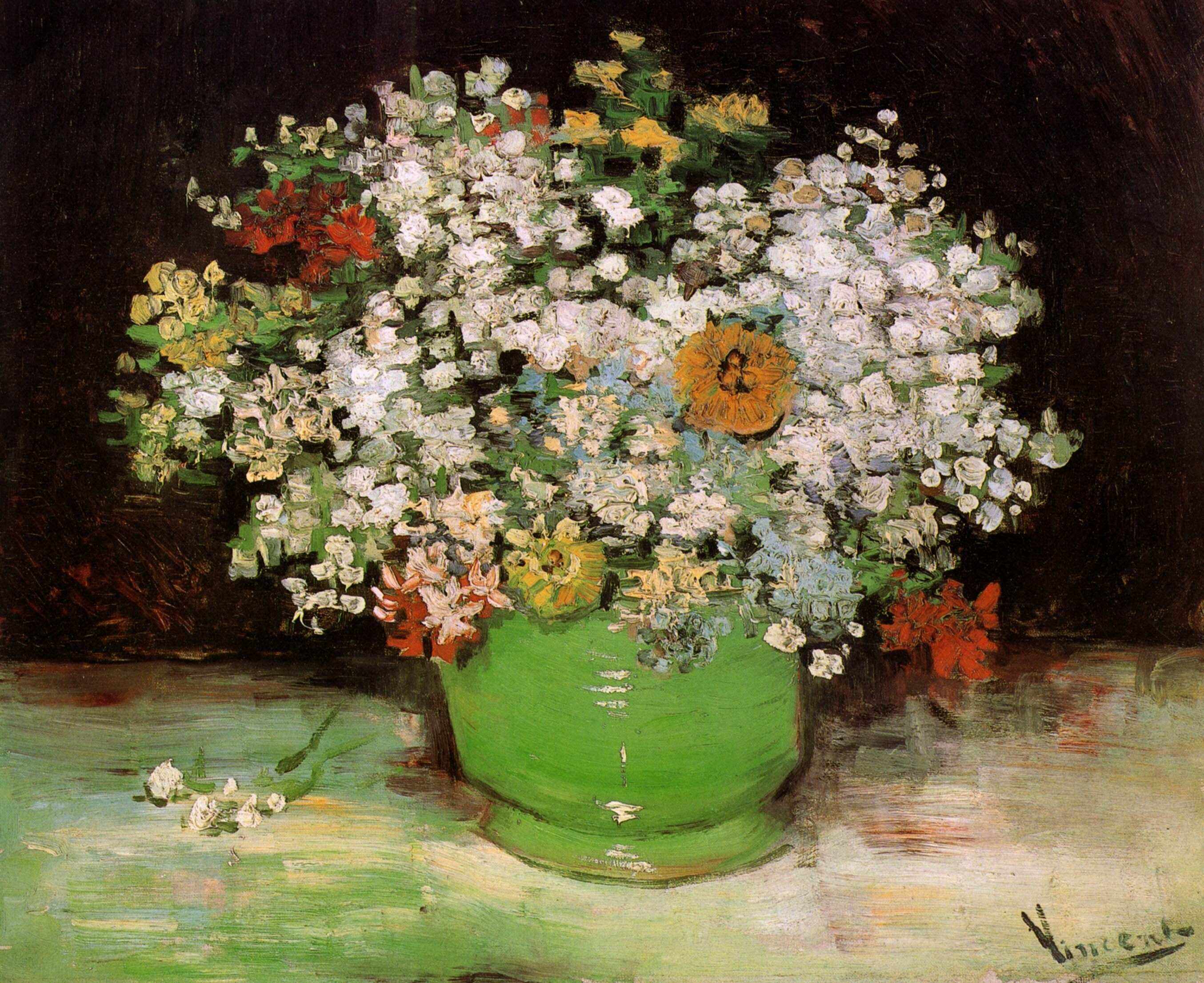 Vase with Zinnias and Other Flowers
